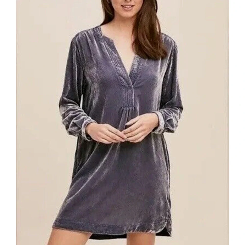 ANTHROPOLOGIE Melody Velvet Tunic Dress Slate Blue Gray Long Sleeve Womens Small - Picture 1 of 10